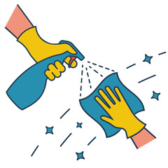 Cleaning service abstract background. Black line of a hand in glove with a rag. Cleanliness and shine. Hygiene and disinfection. Housekeeping concept. Work at home. Vector illustration flat design.