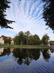 Reflection in water. Upper pond. Kaliningrad, Russia.