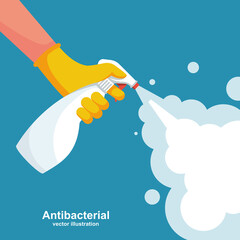 Landing page coronavirus protection. Man in gloves holds bottle of antiseptic spray. Antibacterial flask kills bacteria. Disinfectant concept. Vector flat design. Hygiene home and personal hygiene.