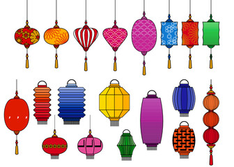 A set of beautiful paper Chinese lantern isolated on white background. They’re traditional decorating lantern.