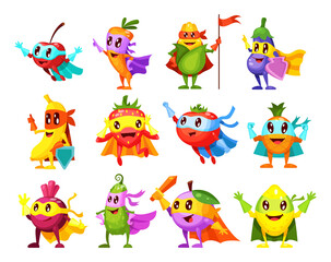 Fototapeta premium Super hero fruits, vegetables. Characters in different poses in costume at masks. Vegetable character superhero lemon, pineapple, strawberry, cherry, banana, carrot, eggplant, corn, beet, plum