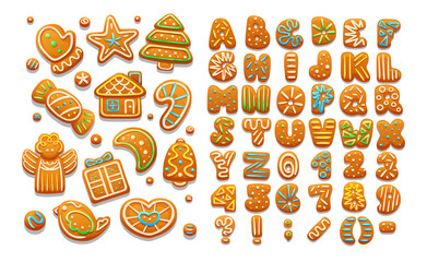 Christmas and New Year holidays gingerbread cookies alphabet. Xmas cartoon cookies alphabet, sweet winter food with decorated glazed sugar, arabic numbers, signs, covered icing-sugar