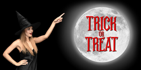 Young blonde woman in black hat on scary black background. Attractive caucasian female model smiling. Halloween, black friday, cyber monday, sales, autumn concept. Flyer for your ad. Trick or treat