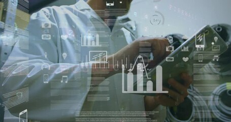 Mathematical equations over man on tablet in workshop. - Powered by Adobe