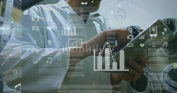Mathematical equations over man on tablet in workshop. - Powered by Adobe