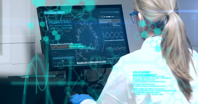 Mathematical equations over woman working on computer in lab.