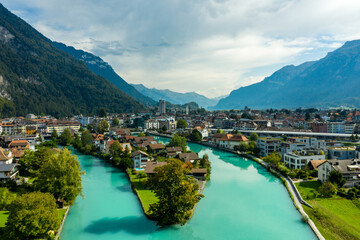 Fototapeta premium Aerial view from Interlaken city and Swiss alps