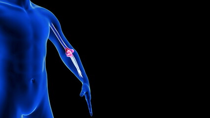 Elbow Pain close-up animation. Blue Human Anatomy Body 3D Scan render - seamless loop on black background