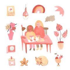 A big set of watercolor elements on the theme of home comfort.Mother and daughter learn lessons.A nanny with a child in Boho style in pink and cream colours.Design for posters,social networks.