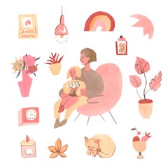 A big set of watercolor elements on the theme of home comfort.Mother and daughter have a relaxing holiday in an armchair.A teacher with a child in boho style in pink and cream colours.