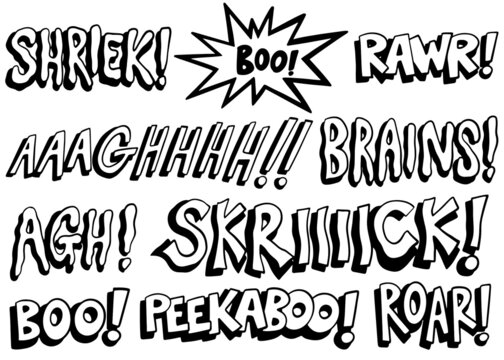 Set of scary words. Spooky Halloween cartoon words collection. Hand drawn, Black and white vector illustration. 