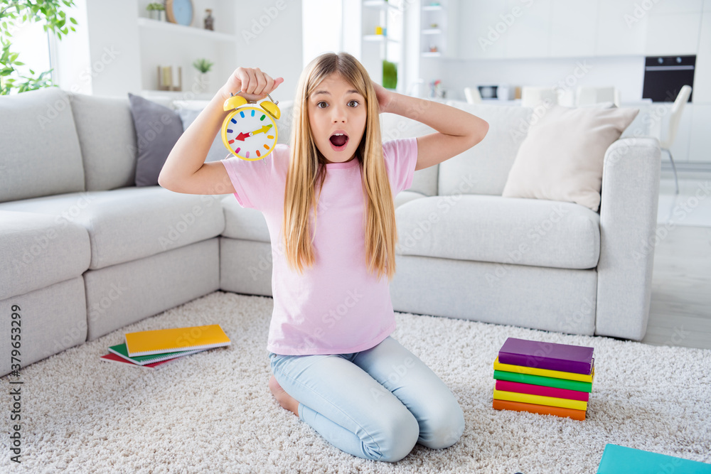 Poster Oh no i miss online lesson. Full size photo of amazed frustrated kid girl sit floor carpet hold clock touch hand head scream omg in house indoors