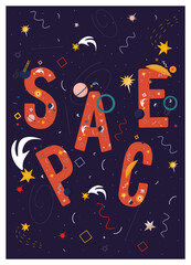 Background with the image of the starry sky. Vector nice space poster with stars, meteorites, geometric shapes and lettering. Starry sky and abstraction. Poster on the theme of cosmonautics