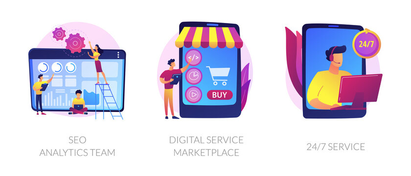 Business teamwork, internet commerce, customer support icons set. Seo analytics team, digital service marketplace, 24-7 service metaphors. Vector isolated concept metaphor illustrations