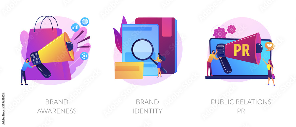 Sticker commercial advertising service, company recognition, public relations management icons set. brand aw