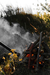 an ax with a burning fire