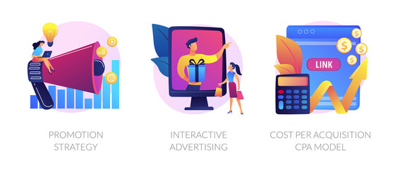 Marketing campaign planning, targeted ad, expenses analysis. Promotion strategy, interactive advertising, cost per acquisition CPA model metaphors. Vector isolated concept metaphor illustrations