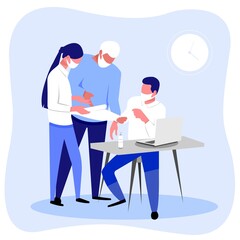 Office workers' teamwork with masks. Discussin at the office. Prevention within time of pandemic. Brainstorm at work. 