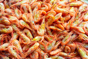 Frozen shrimp. Selling seafood in the store. Delicious homemade product.