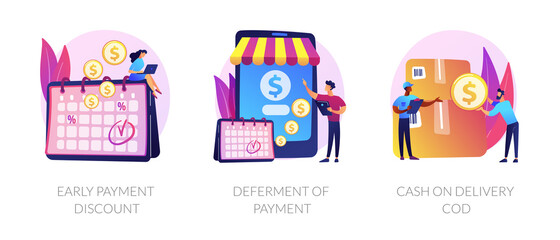 Customer loyalty flat icons set. Order cashback, e commerce service. Early payment discount, deferment of payment, cash on delivery cod metaphors. Vector isolated concept metaphor illustrations.