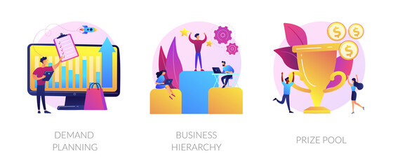 Business development and improvement flat icons set. Start up launching strategy. Demand planning, business hierarchy, prize pool metaphors. Vector isolated concept metaphor illustrations.