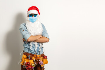 Closeup photo bearded happy santa wear protective medical mask. Normal life with coronavirus. Lifestyle COVID-19. Quarantine virus protection. christmas