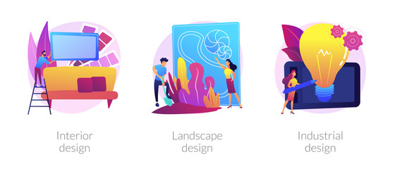 Professional home furnishing, outdoor decorating designer services. Engineering ideas. Interior design, landscape design, industrial design metaphors. Vector isolated concept metaphor illustrations.
