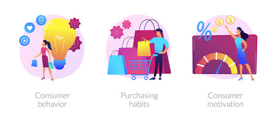 Buyer persona and purchase decision process. Customer buying, shopping habits. Consumer behavior, purchasing habits, consumer motivation metaphors. Vector isolated concept metaphor illustrations.