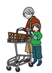 おばあちゃんと一緒にショッピングカートを押す男の子の手描きイラスト