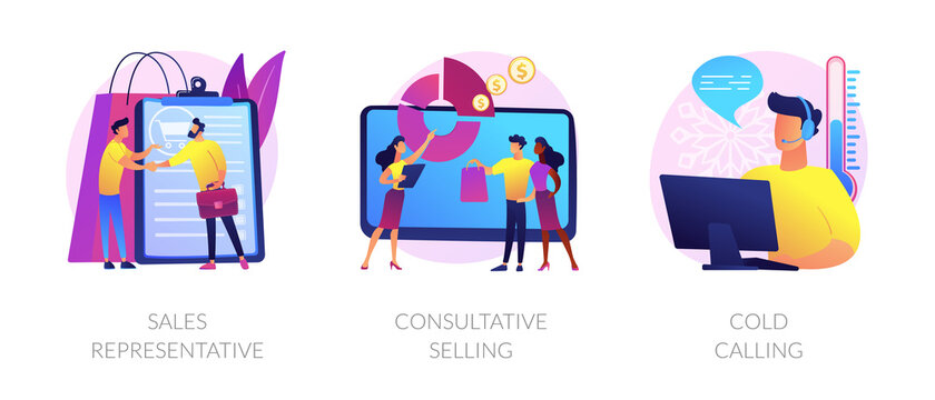 Marketing strategies. Sales promotion activities, customer support and advertising. Sales representative, consultative selling, cold calling metaphors. Vector isolated concept metaphor illustrations.