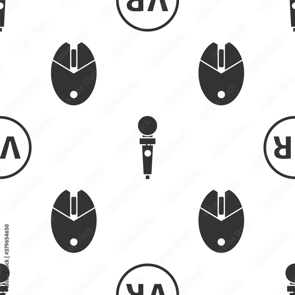 Poster set virtual reality glasses, joystick for arcade machine and computer mouse gaming on seamless patte