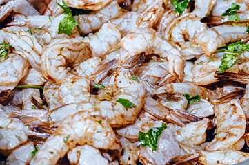 Raw seafood shrimps with spices and green herbs