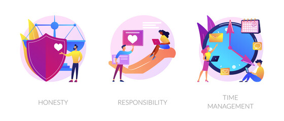 Fototapeta premium Personal and professional skills icons set. Honesty, responsibility, time management metaphors. Personnel training, employee coaching. Vector isolated concept metaphor illustrations.
