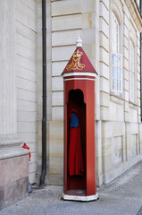 View of a special booth at the guard post near Amalienborg, where cloaks hang - a tribute to...