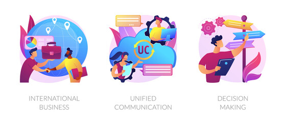 Fototapeta premium Business communication and collaboration, teamwork, partnership. International business, unified communication, decision making metaphors. Vector isolated concept metaphor illustrations.
