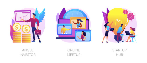 Obraz premium Business startup and communication abstract concept vector illustration set. Angel investor, online meetup, startup hub, financial support, online crowdfunding, entrepreneurship abstract metaphor.