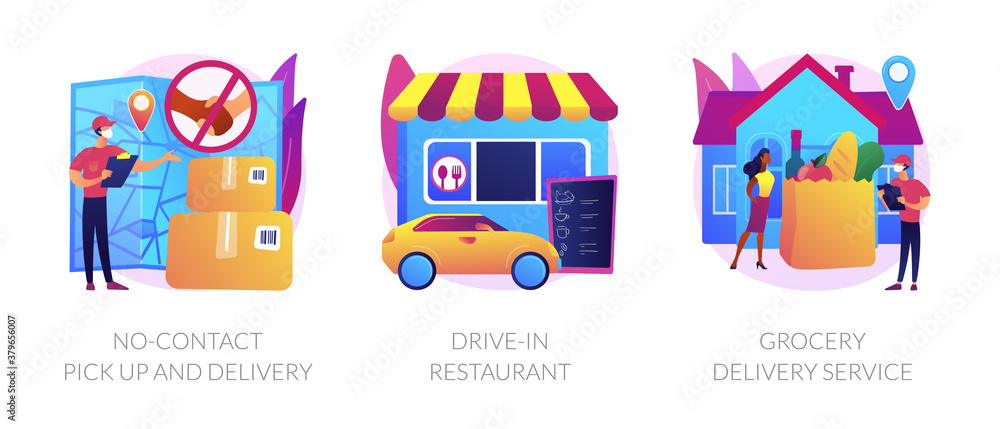 Poster safe way to get food and essentials abstract concept vector illustration set. no-contact pick up and
