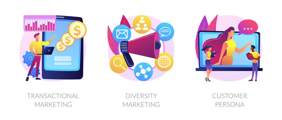 Marketing strategies abstract concept vector illustration set. Transactional and diversity marketing, customer persona, individual sales, customized advertising, target audience abstract metaphor.