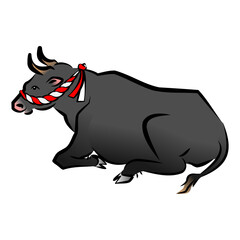 紅白の手綱をつけた黒い牛