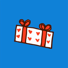 vector illustration of gift box with ribbon isolated on blue background. hand drawn vector. doodle for christmas. modern scribble for kids, sticker, clip art. cartoon style. simple sketching with pen.