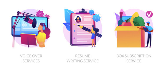 Online based jobs abstract concept vector illustration set. Voice over services, resume writing, box subscription, audio and video production, CV online, box delivery startup abstract metaphor.