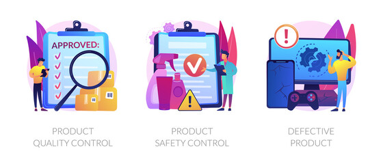 Product manufacturing abstract concept vector illustration set. Product quality and safety control, defective product testing, customer feedback, inspection, warranty certificate abstract metaphor.