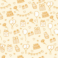 seamless pattern with celebration/festive icon. hand drawn vector. modern scribble for kids, wallpaper, greeting, invitation, wrapping, paper, cover, backdrop. doodle gift for surprise. cartoon style.