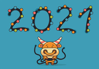 Illustration for the new year "Cute bull lights a garland". 2021. Chinese new year symbol.