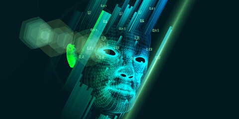 Data science. Machine learning. Technology background  polygonal  3d wireframe cyborg with  lines and lens effects. Artificial intelligence concept for business and scientific. Big data.