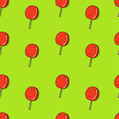 seamless pattern with lollipop icon isolated on green background. hand drawn vector. modern scribble for kids, wallpaper, fabric, cover, wrapping paper and gift. doodle food, sweet dessert. cartoon. 