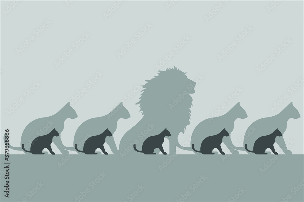 Wall mural think differently vector concept: cat with lion shadow different from the other cats