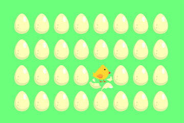 Think differently concept: Chicks hatching first than the other eggs