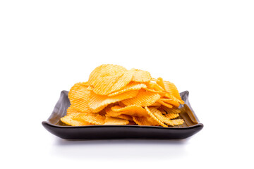 Potato chips in plate beautiful shape on white background