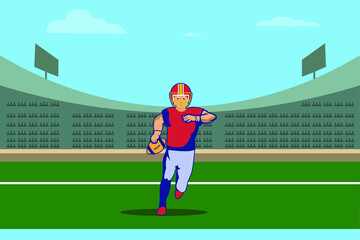 American football vector concept: American football player running in the stadium while carrying the ball